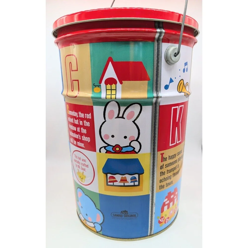 VTG Sanrio Hello Kitty Tin Bucket Pail Character Town With Handle And Lid 1990